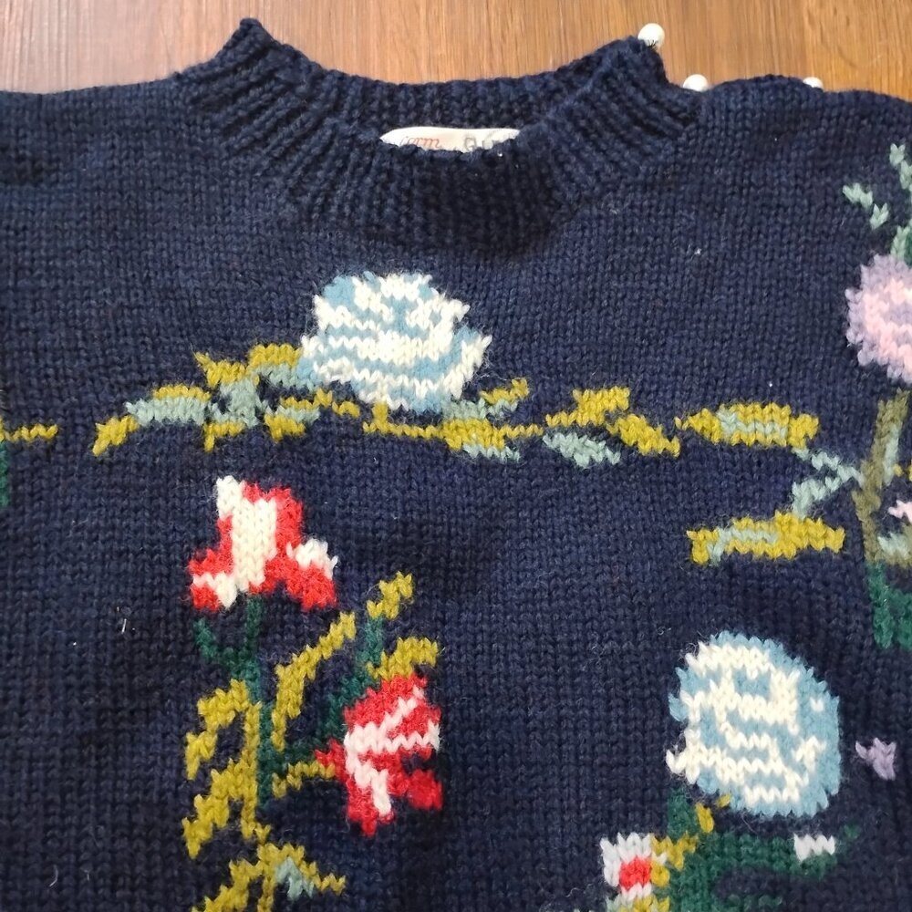 Vintage Norm Thompson Wildflower Wool Knit Crewneck Sweater Cottage Granny Core